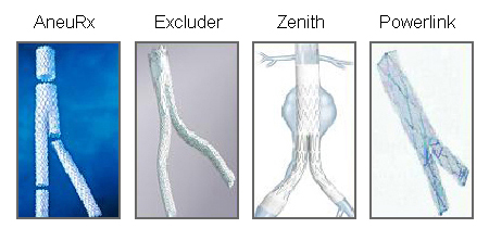 Vários enxertos de endoprótese endovascular usados para o reparo de aneurisma endovascular (EVAR)