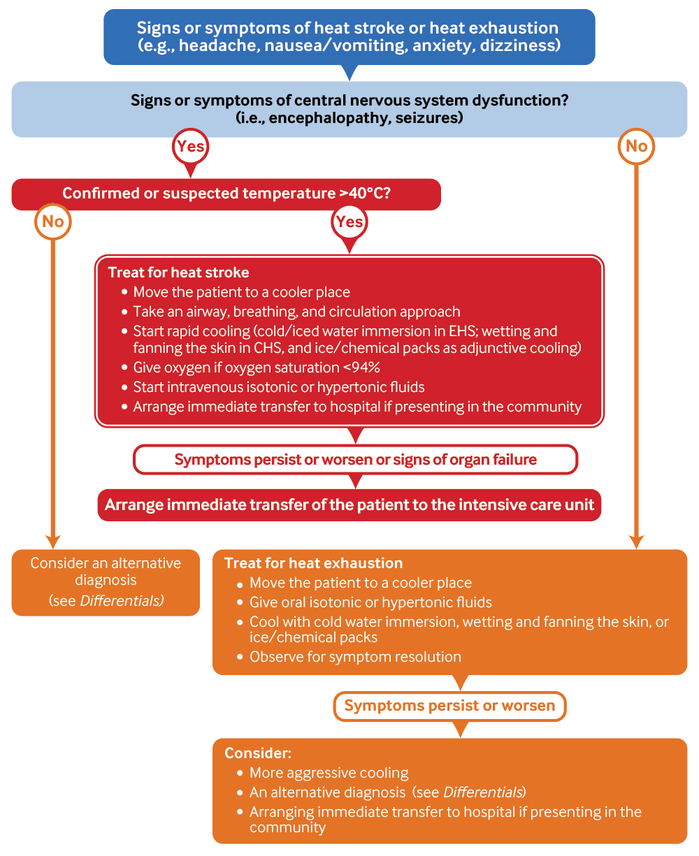 Management of heat stroke and heat exhaustion. CHS, classic heat stroke; EHS, exertional heat stroke